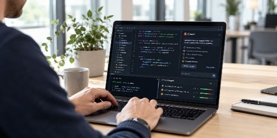 Claude Code åbent i en kodeeditor på en bærbar